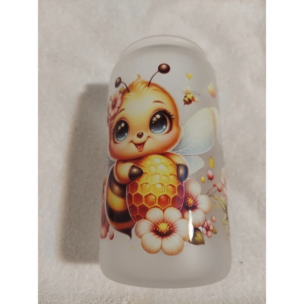 Bee Honey Pot Frosted Glass Tumbler Cup Bamboo‎ Lid Straw and Brush Included